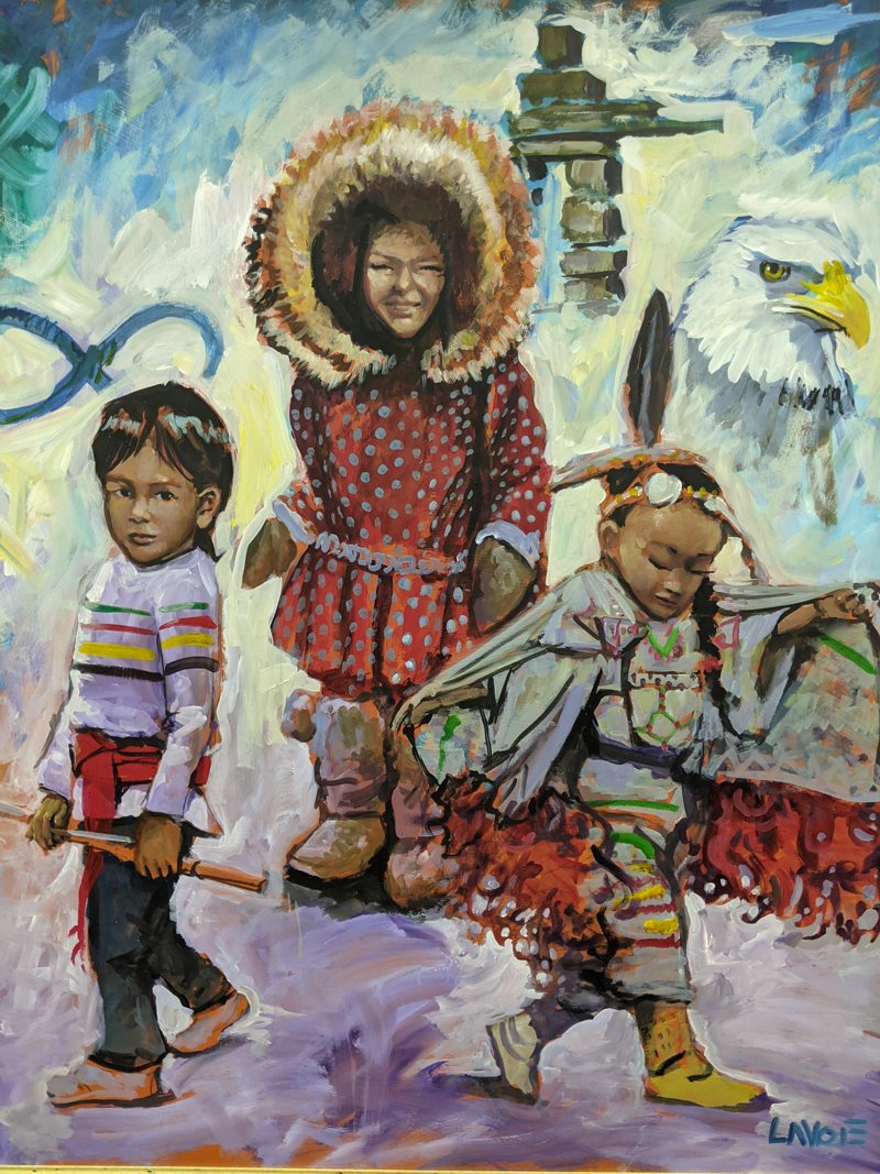 A painting by Lavoie of three Indigenous children in traditional dress &mdash; one in a striped sweater, one in a fur-trimmed red parka, and a jingle dancer &mdash; with a bald eagle and an inuksuk behind them.