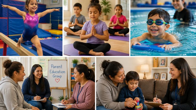 A collage of gymnastics, yoga, swimming, a parent education group and an in-home visit