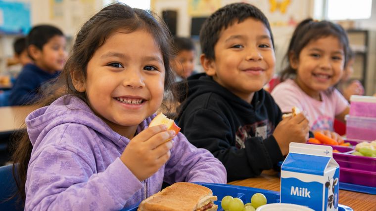 Children smiling at a lunch table with sandwiches, fruit and milk