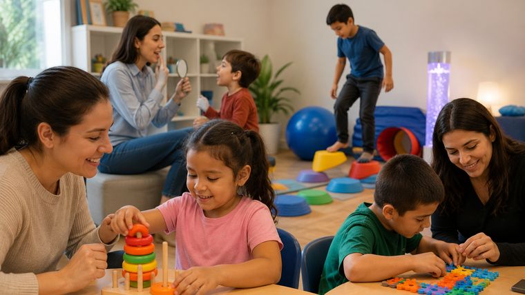 Children working with educators on stacking rings and puzzles in a therapy room