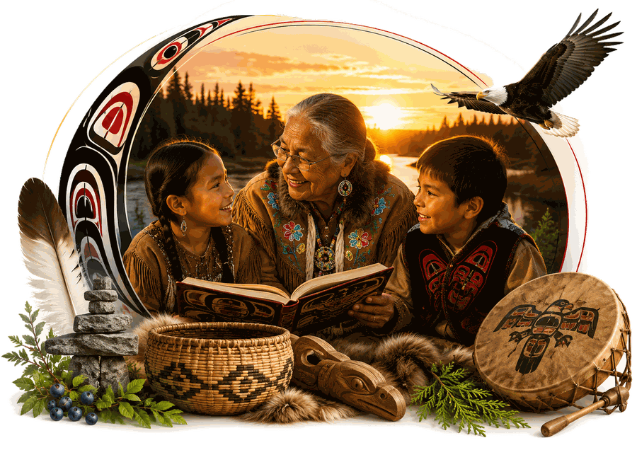 An Elder sharing a book with two children at sunset, with a feather, inukshuk and hand drum
