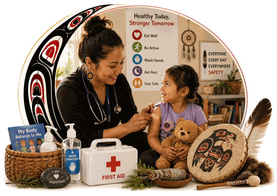 A health worker placing a bandage on a smiling child, with a first aid kit and a Healthy Today, Stronger Tomorrow poster