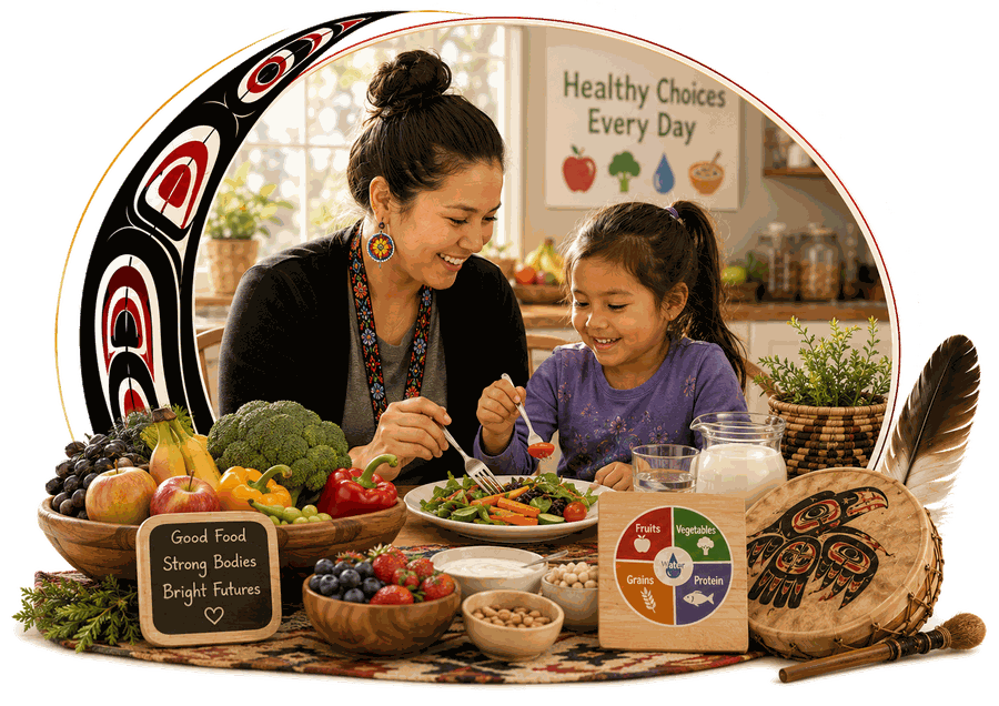 A caregiver and child sharing a meal surrounded by fresh fruit and vegetables