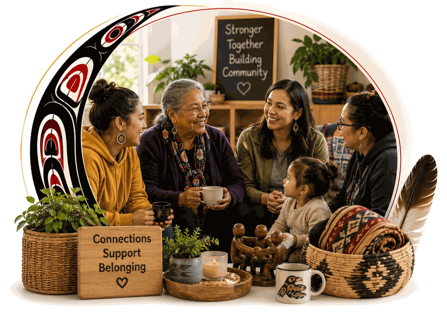 A circle of women and a child talking together beneath a sign reading Stronger Together, Building Community