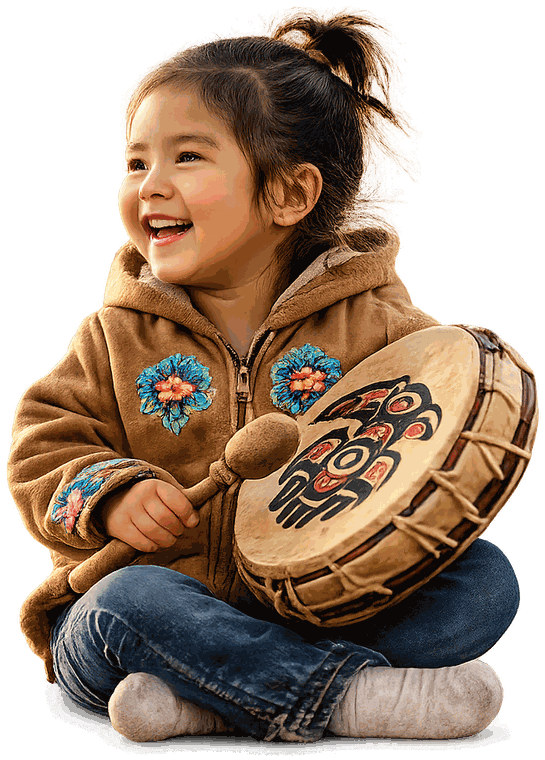 A young child in a beaded jacket smiling while holding a hand drum
